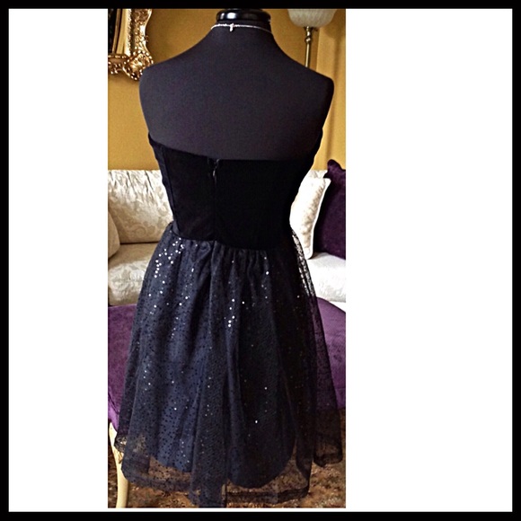 STRAPLESS BLACK SEQUIN BUSTIER A-LINE FULL COCKTAIL FORMAL MINI DRESS A2C - Picture 4 of 8